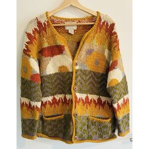 Vintage Hand Knit Cardigan Ivory Rust Gold Green Earth Tones Boxy Wool One Size